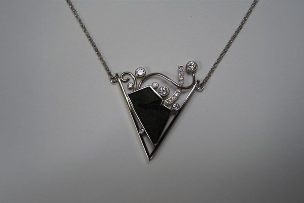 Basalt Stone Bezel Set in White Gold with Pave and Bezel Set Diamonds