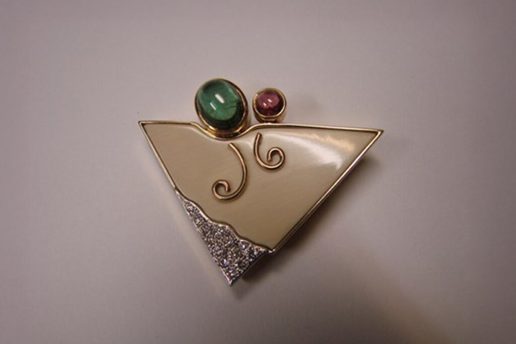 Multi-stone Triangular Yellow Gold Brooch with Pave Set Diamonds