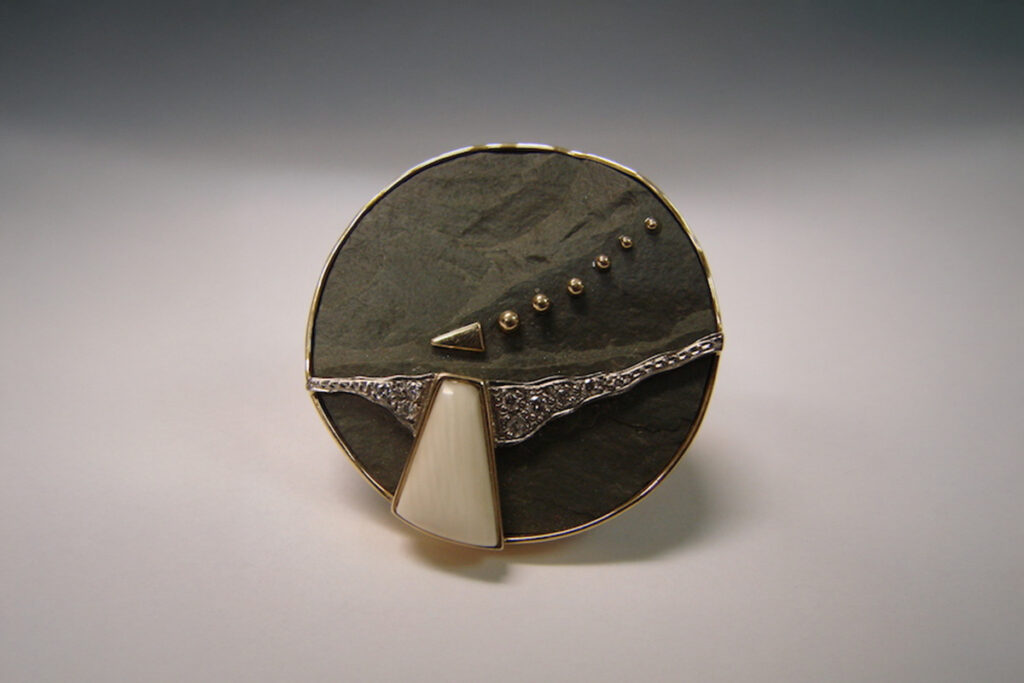 Slate, Mammoth Ivory and Pave Set Diamond Brooch