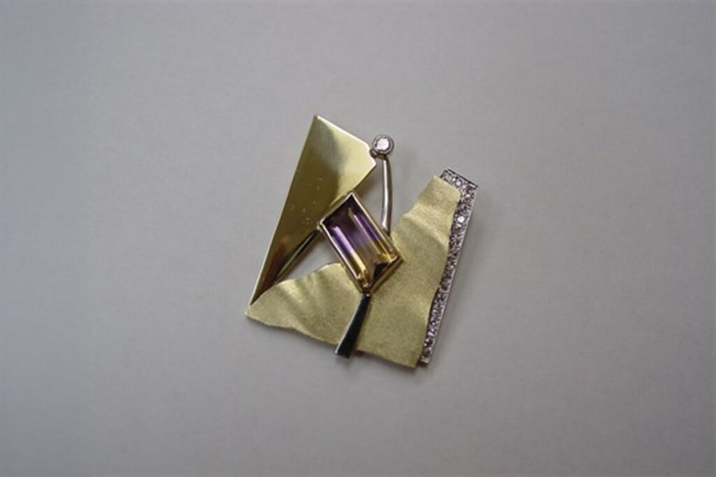 Bezel Set Ametrine with Bezel and Pave Set Diamonds in Yellow and White Gold Brooch