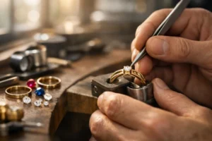 carefully crafting a ring, putting a white gemstones at the top