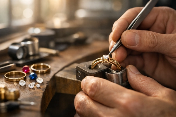 carefully crafting a ring, putting a white gemstones at the top