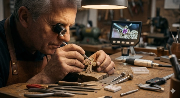 Artisan crafting custom religious jewelry with precision stone setting and traditional craftsmanship techniques