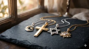 Custom religious jewelry that lasts for generations showcased in a premium heirloom jewelry setting for a trusted design studio
