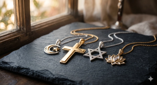 Custom religious jewelry that lasts for generations showcased in a premium heirloom jewelry setting for a trusted design studio