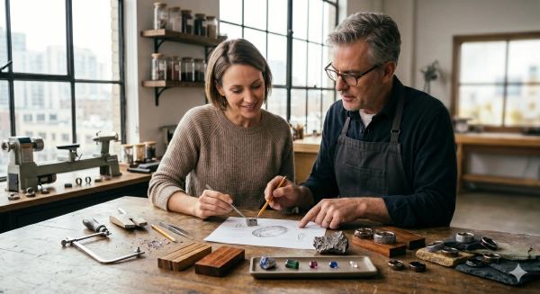 Selecting custom rare material rings through a personalized design consultation.