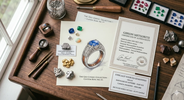 Ethical sourcing and authenticity documentation for rare material rings and custom jewelry.
