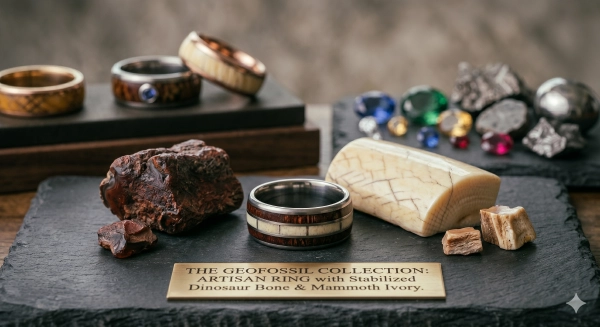 Rare material rings incorporating dinosaur bone and mammoth ivory connect wearers to ancient history.