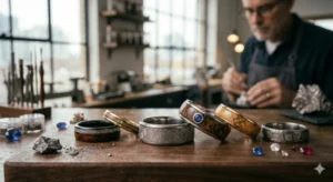 Mark Katzeff Designs rare material rings showcasing meteorite, fossil, and exotic material craftsmanship.