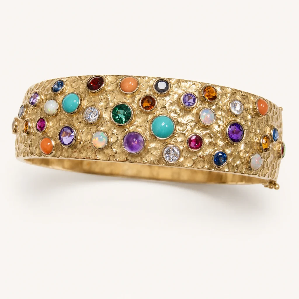 Yellow Gold Bangle with Bezel Set Precious and Semi-Precious Stones​