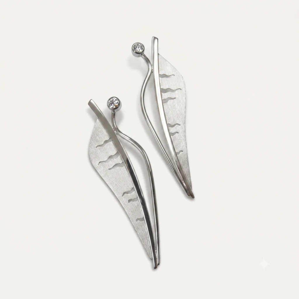 Platinum Leaf Earrings with Bezel Set Diamonds
