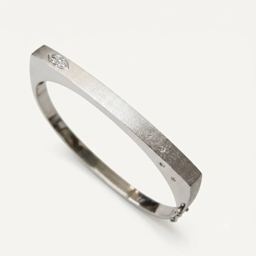 Thin White Gold Bangle with Pave Set Princess Cut Diamond​