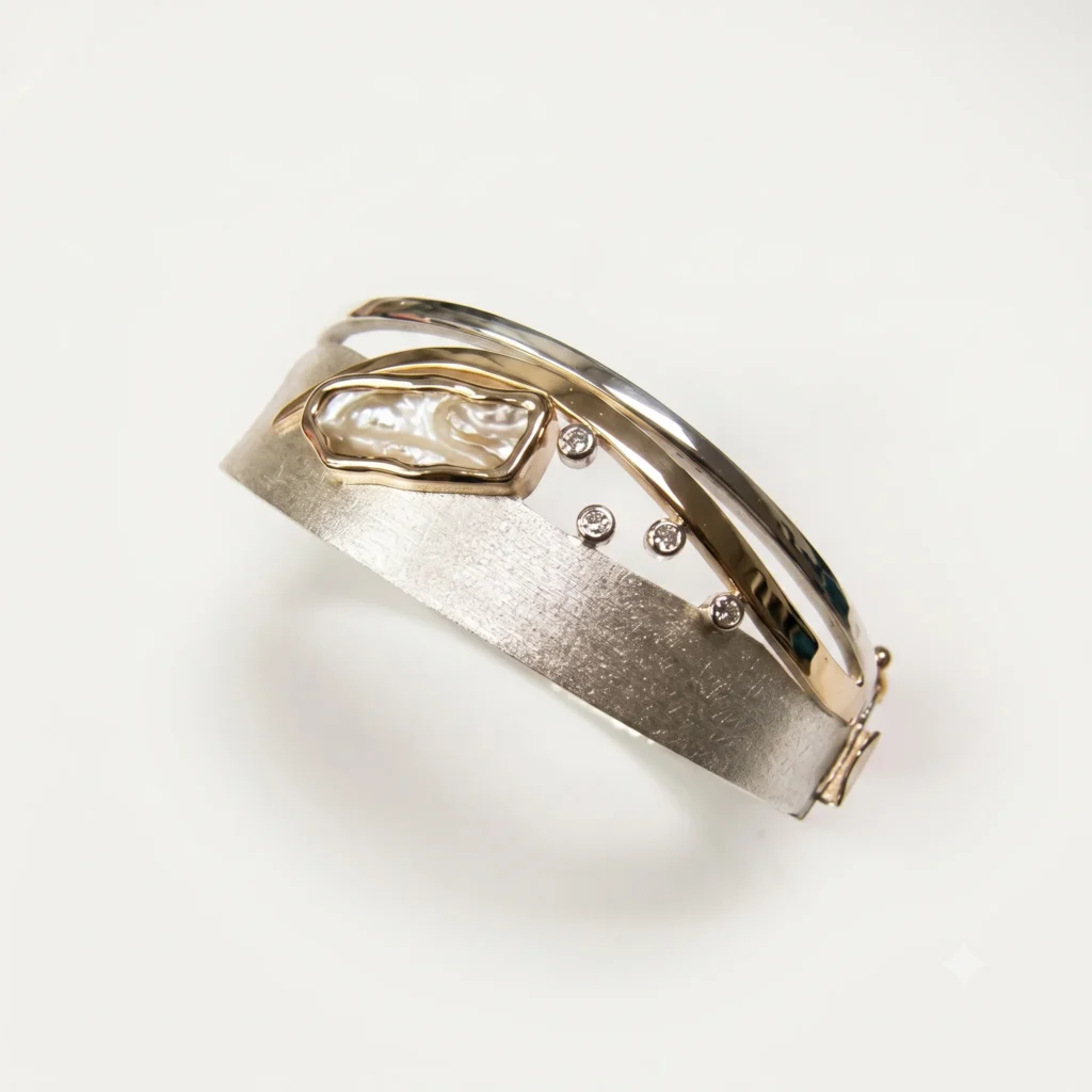 Brushed White Gold Bangle with Mother of Pearl and Bezel Set Diamonds​