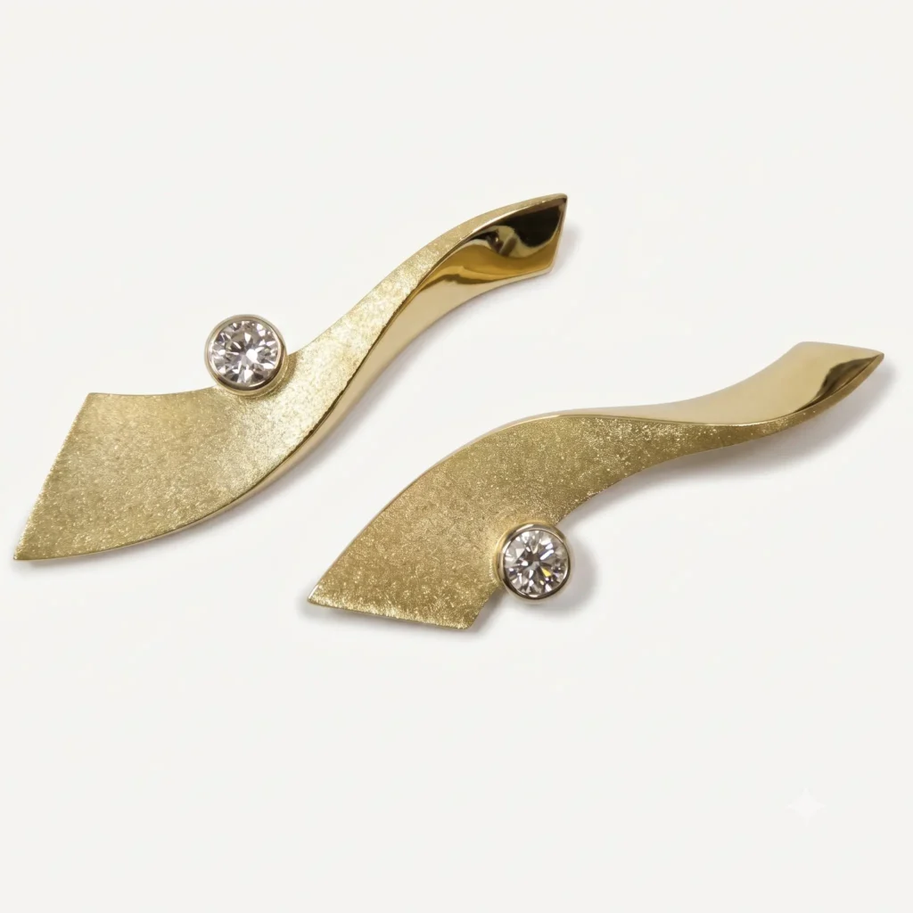 Organic Yellow Gold Wave Earrings with Bezel Set Diamonds​